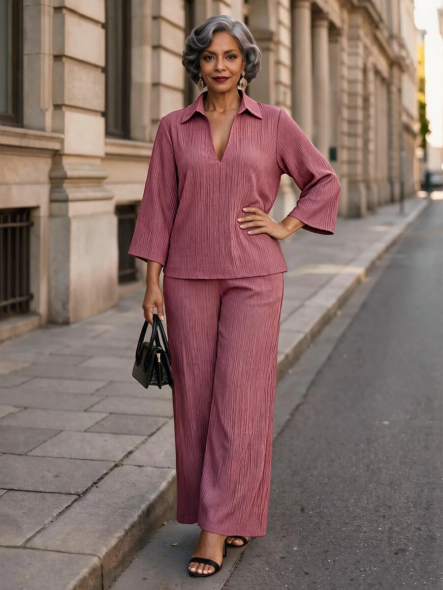 SHEIN Lady Middle-Aged Women Simple Textured Top And Casual Long Pants Set - Coral Pink - View 1