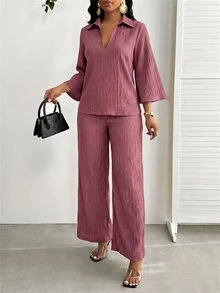SHEIN Lady Middle-Aged Women Simple Textured Top And Casual Long Pants Set - Coral Pink - View 5