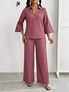 SHEIN Lady Middle-Aged Women Simple Textured Top And Casual Long Pants Set - Coral Pink - View 4