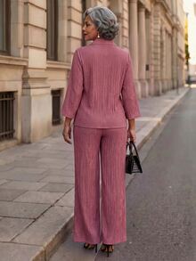 SHEIN Lady Middle-Aged Women Simple Textured Top And Casual Long Pants Set - Coral Pink - View 2