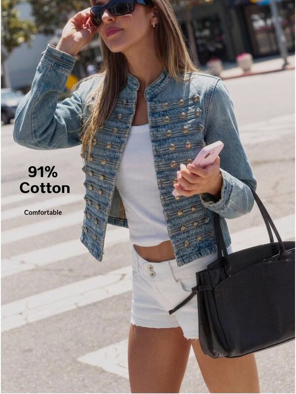 Anewsta Women's Fashion New Design Heavy-Duty Button Blue Jeans Jacket
