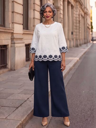 SHEIN Lady Middle-Aged Women Casual Elegant Granny Floral Embroidered Shirt And Pants Set Work Party Senior Formal Cocktail Outfits Autumn Navy Blue