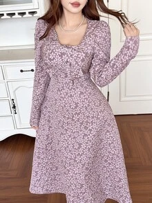 Feyla Women's Elegant Jacquard Beaded Decor Midi Dress - Purple - View 4