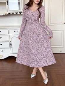 Feyla Women's Elegant Jacquard Beaded Decor Midi Dress - Purple - View 3