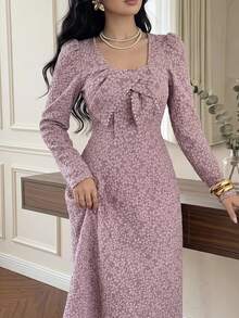 Feyla Women's Elegant Jacquard Beaded Decor Midi Dress - Purple - View 1