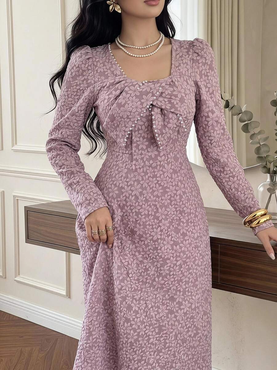 Feyla Women's Elegant Jacquard Beaded Decor Midi Dress - Purple - View 1