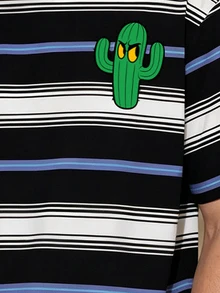 FROVYX Men's Striped Cactus Print Short Sleeve T-Shirt, Classic Stripes Meet Fun Cactus, Showcasing Cool Personalized, Helping You Easily Master Street Style - White - View 2