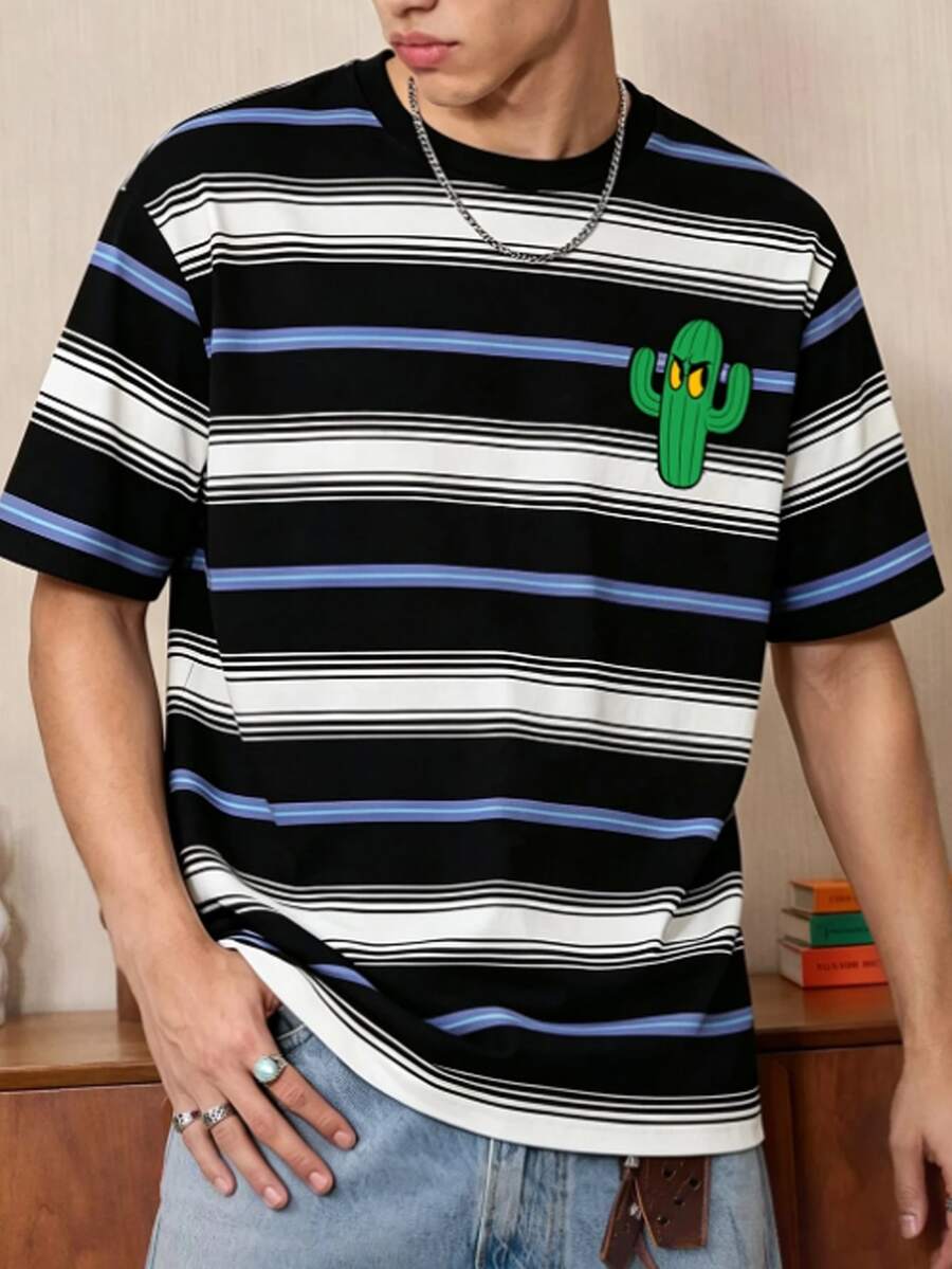 FROVYX Men's Striped Cactus Print Short Sleeve T-Shirt, Classic Stripes Meet Fun Cactus, Showcasing Cool Personalized, Helping You Easily Master Street Style - White - View 1
