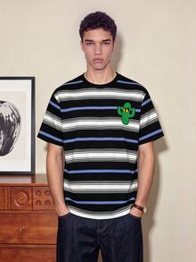 FROVYX Men's Striped Cactus Print Short Sleeve T-Shirt, Classic Stripes Meet Fun Cactus, Showcasing Cool Personalized, Helping You Easily Master Street Style - White - View 4