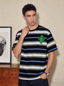 FROVYX Men's Striped Cactus Print Short Sleeve T-Shirt, Classic Stripes Meet Fun Cactus, Showcasing Cool Personalized, Helping You Easily Master Street Style - White - View 3