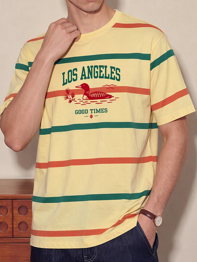 FROVYX Kaos Lengan Pendek Motif Los Angeles Garis-Garis Kontras Gaya Retro Amerika, Rangkul Gaya Retro Amerika, Kaos Garis-Garis Kontras Memberikan Momen Santai, Cocok Untuk Pria Muda yang Mencari Gaya yang Personal