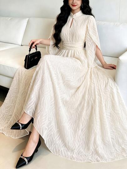 Celisse Gaun Jacquard Bertekstur Model A-Line dengan Kerah Cheongsam + Lengan Model Jubah + Pinggang Silang, Lembut dan Elegan