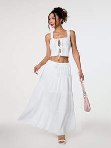 SHEIN PETITE Plain Color Casual Long Skirt White,Petite Women Beach Autumn - White - View 7