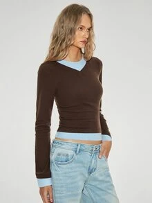ATUI Studio Long Sleeve V Neck Top, Contrast Collar Patchwork T-Shirt, Cotton Lyocell Merino WoolBlend, Minimalism Modern Effortless Chic Elevating Basics - Brown - View 4