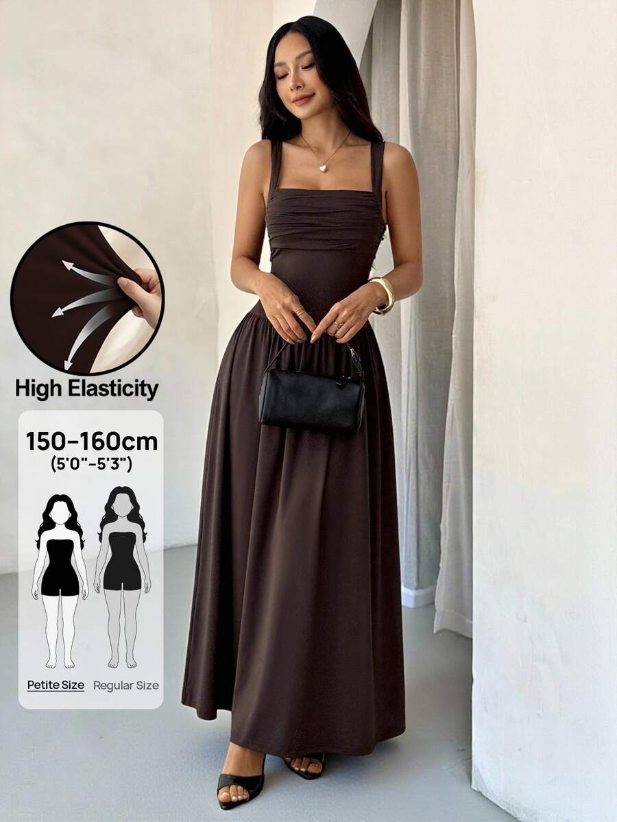 SHEIN PETITE 女款優雅純色咖啡棕方領喇叭裙,春夏款,女式優雅洋裝,新年派對,小個子女性適用 - 棕色 - 查看 1