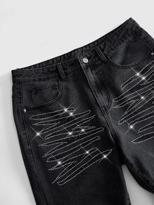 ROMWE MEN Goth American Style Stacked Rhinestone Denim Pants Men High Street Distressed Grey Black Extra Long Stacked Wide Leg Trousers Unisex - Black - View 2