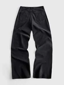 ROMWE MEN Goth American Style Stacked Rhinestone Denim Pants Men High Street Distressed Grey Black Extra Long Stacked Wide Leg Trousers Unisex - Black - View 3