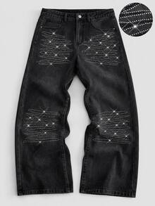 ROMWE MEN Goth American Style Stacked Rhinestone Denim Pants Men High Street Distressed Grey Black Extra Long Stacked Wide Leg Trousers Unisex - Black - View 7