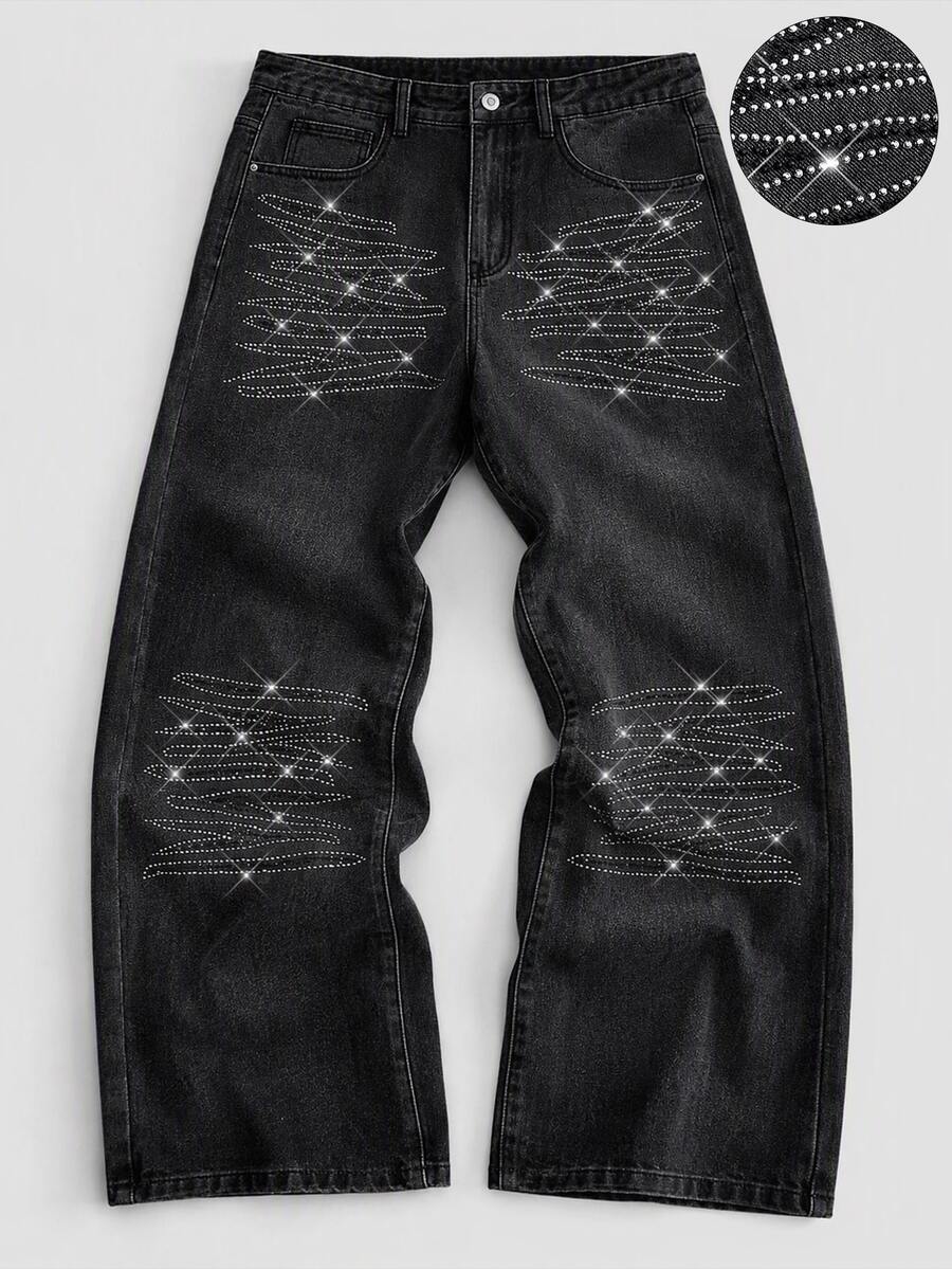 ROMWE MEN Goth American Style Stacked Rhinestone Denim Pants Men High Street Distressed Grey Black Extra Long Stacked Wide Leg Trousers Unisex - Black - View 1