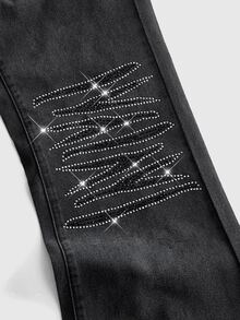 ROMWE MEN Goth American Style Stacked Rhinestone Denim Pants Men High Street Distressed Grey Black Extra Long Stacked Wide Leg Trousers Unisex - Black - View 5