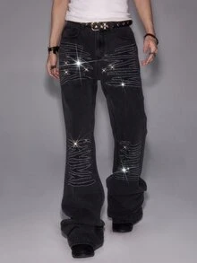 ROMWE MEN Goth American Style Stacked Rhinestone Denim Pants Men High Street Distressed Grey Black Extra Long Stacked Wide Leg Trousers Unisex - Black - View 1