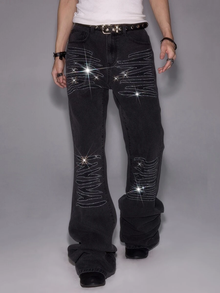 ROMWE MEN Goth American Style Stacked Rhinestone Denim Pants Men High Street Distressed Grey Black Extra Long Stacked Wide Leg Trousers Unisex - Black - View 1