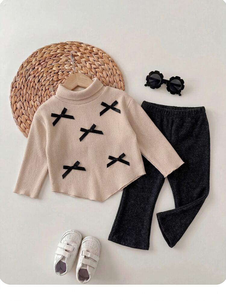 SHEIN Baby Girls 0-3yrs 2pcs Bow Decor Knit Set Light Apricot Turtleneck Top Matching Flare Pants Cute Autumn Black Family Matching Winter Outfits - Khaki - View 3