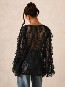 SHEIN Glamour 女士休闲街头咖啡色V领长袖衬衫 - 黑色 - 查看 2