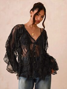SHEIN Glamour 女士休闲街头咖啡色V领长袖衬衫 - 黑色 - 查看 4