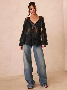SHEIN Glamour 女士休闲街头咖啡色V领长袖衬衫 - 黑色 - 查看 5