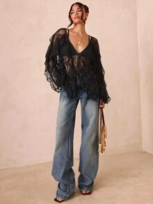 SHEIN Glamour 女士休闲街头咖啡色V领长袖衬衫 - 黑色 - 查看 3