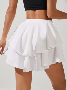 SHEIN PETITE High Waist Layered Hem Ruffle Skirt ,Petite Women - White - View 3
