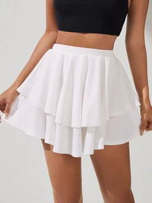 SHEIN PETITE High Waist Layered Hem Ruffle Skirt ,Petite Women - White - View 4