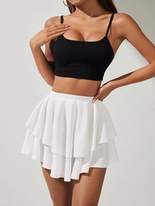 SHEIN PETITE High Waist Layered Hem Ruffle Skirt ,Petite Women - White - View 6