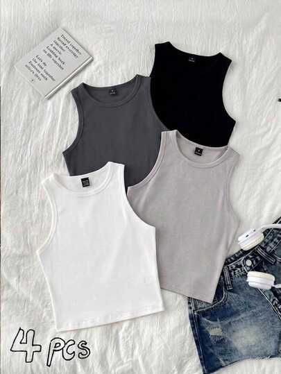 Tseoso Casual Minimalist Style 95% Cotton All-Match Crew Neck 4-Piece Set Versatile Solid Color Tank Tops For Women, Suitable For Summer