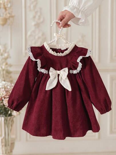 Souflis Souflis Toddler Girls Vintage Elegant Long Sleeve Burgundy Corduroy Dress With Lace Frill Trim, Wood Frill Trim, Stand Collar, Bow, Autumn/Winter Outfit, Baby Princess Dress For Christmas And Halloween, 6M-3Y