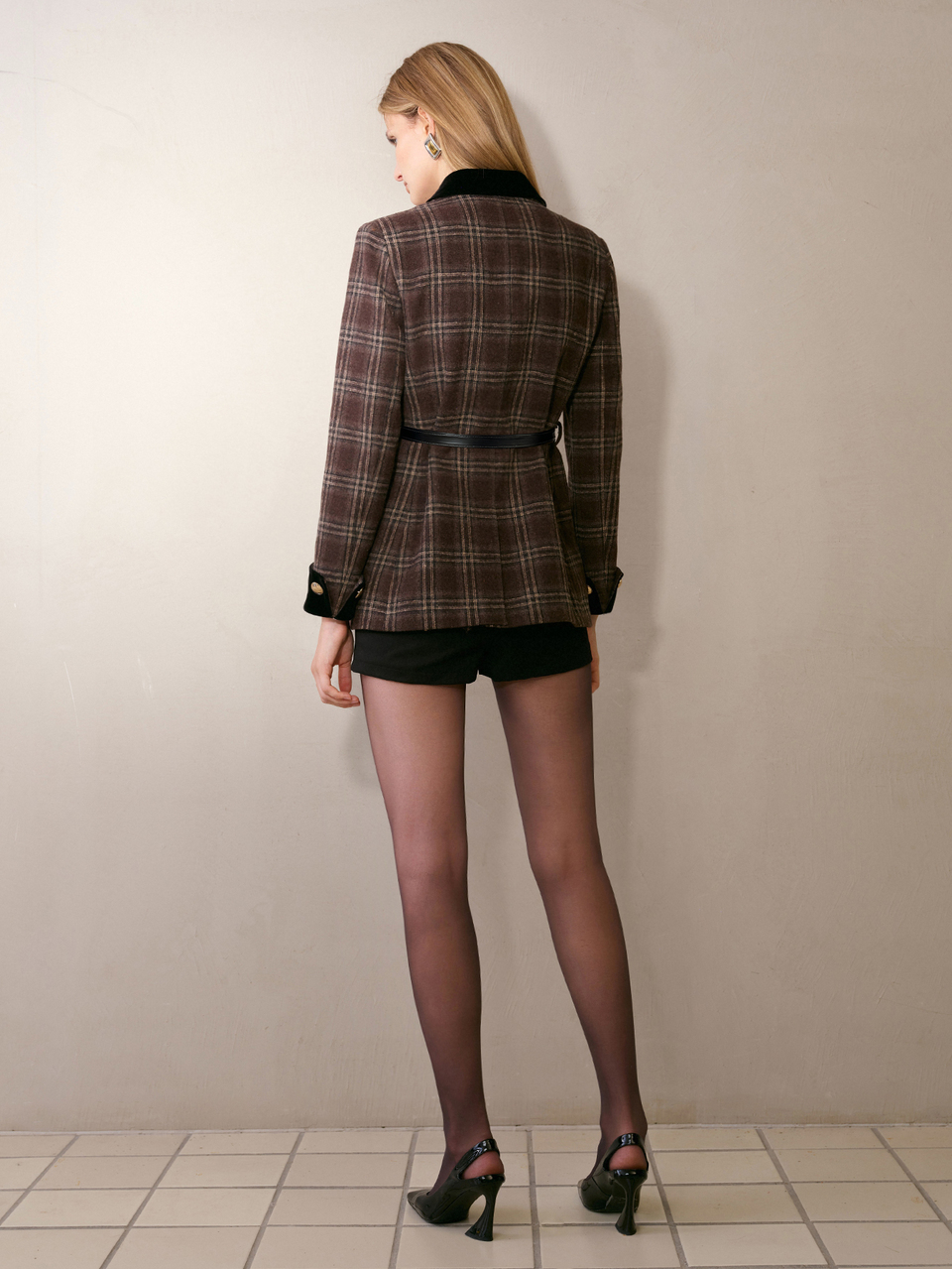 MOTF CONTRAST PEAK COLLAR PLAID PATTERN DOUBLE BREASTED PLACKET BLAZER WITH BELT