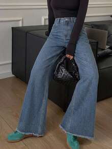 DAZY Women's Pocket Button Frayed Hem Casual Versatile Daily Wear Wide Leg Jeans - Dark Wash - View 7