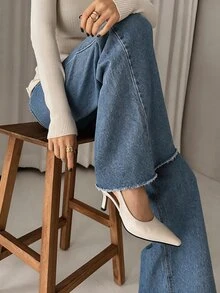 DAZY Women's Pocket Button Frayed Hem Casual Versatile Daily Wear Wide Leg Jeans - Dark Wash - View 5