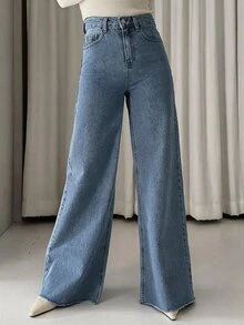 DAZY Women's Pocket Button Frayed Hem Casual Versatile Daily Wear Wide Leg Jeans - Dark Wash - View 4