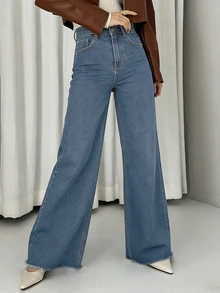 DAZY Women's Pocket Button Frayed Hem Casual Versatile Daily Wear Wide Leg Jeans - Dark Wash - View 3
