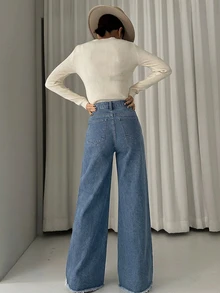 DAZY Women's Pocket Button Frayed Hem Casual Versatile Daily Wear Wide Leg Jeans - Dark Wash - View 2