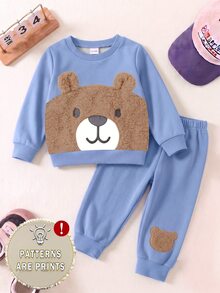 2pcs Baby Boys Sweatshirt Set Sweet Light Blue Fuzzy Bear Patch Long Sleeves Crew Neck Loose Cute School Fall Style Fall Outfits,1 Random Set - Multicolor - View 3