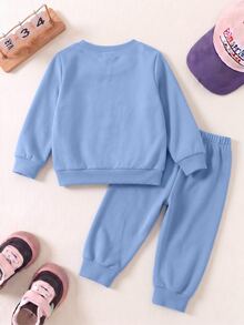 2pcs Baby Boys Sweatshirt Set Sweet Light Blue Fuzzy Bear Patch Long Sleeves Crew Neck Loose Cute School Fall Style Fall Outfits,1 Random Set - Multicolor - View 2