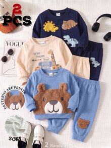 2pcs Baby Boys Sweatshirt Set Sweet Light Blue Fuzzy Bear Patch Long Sleeves Crew Neck Loose Cute School Fall Style Fall Outfits,1 Random Set - Multicolor - View 1