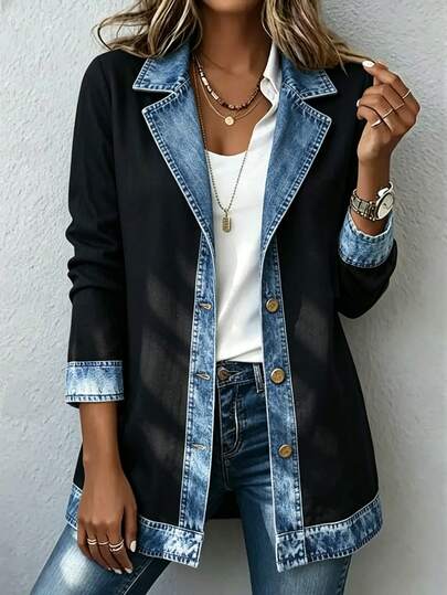 LanaWest Giacca da donna elegante minimalista vintage 2 in 1 con colletto in denim nero vintage effetto lavato, casual per pendolarismo, shopping, viaggi e vacanze autunnali
