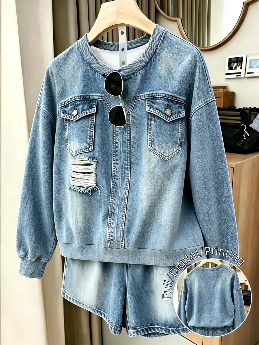 Elenzga Sudadera de cuello redondo con estampado de efecto denim talla grande - Multicolor - Ver 1