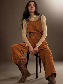 WESTFADE Adjustable Floral Jacquard Strap Washed Corduroy Relaxed Wide Leg Overalls, Fall Winter 2026 Western Style, Cowgirl Clothing, Rodeo, Country, Autumn - Rust Brown - View 1