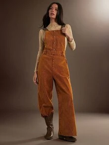 WESTFADE Adjustable Floral Jacquard Strap Washed Corduroy Relaxed Wide Leg Overalls, Fall Winter 2026 Western Style, Cowgirl Clothing, Rodeo, Country, Autumn - Rust Brown - View 5