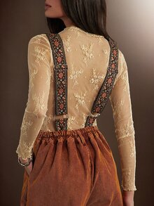 WESTFADE Adjustable Floral Jacquard Strap Washed Corduroy Relaxed Wide Leg Overalls, Fall Winter 2026 Western Style, Cowgirl Clothing, Rodeo, Country, Autumn - Rust Brown - View 2